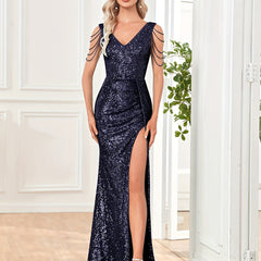 Sequined V Neck Ruched Split Dress Chain Decor Bodycon Dress