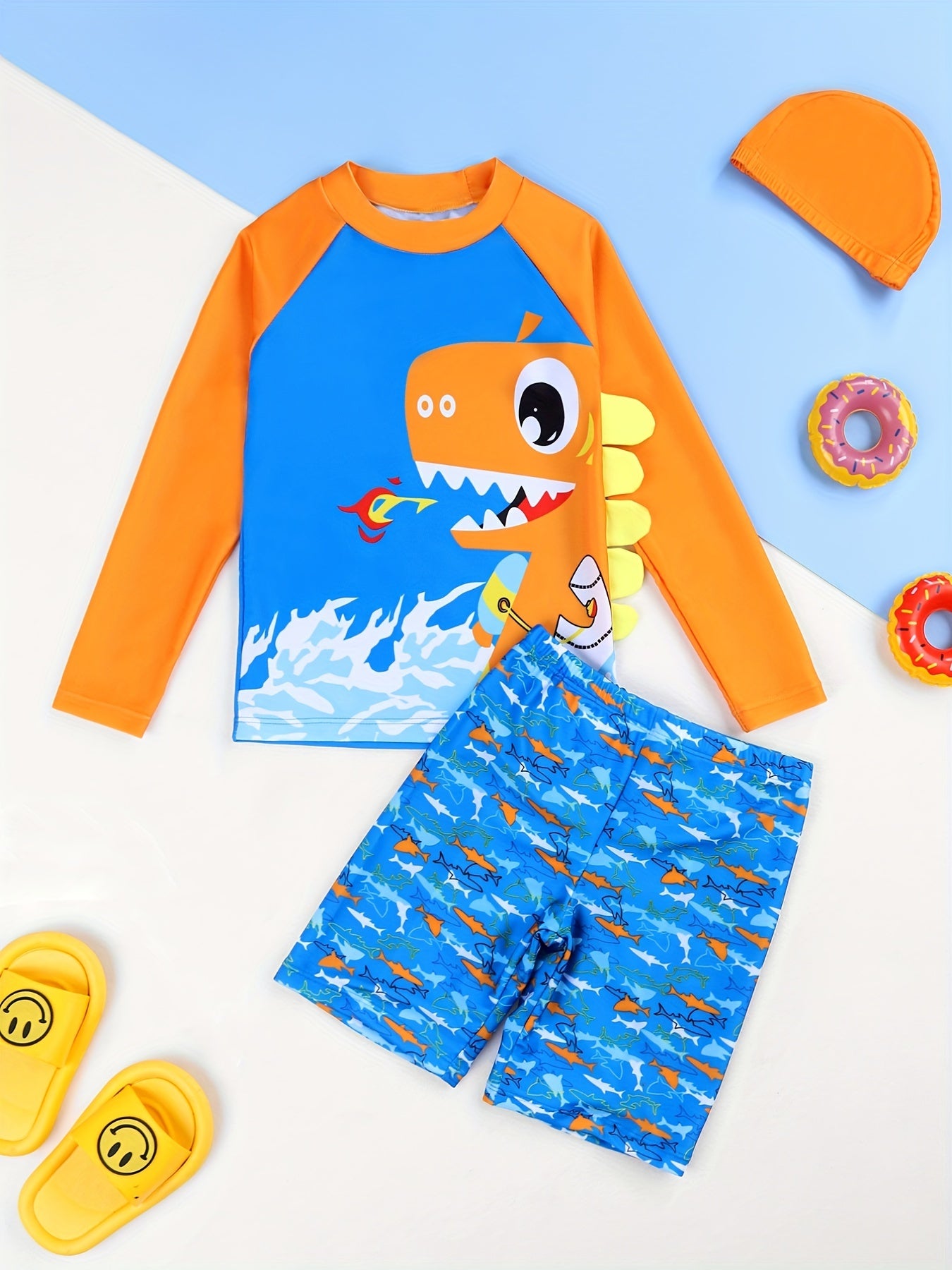 Boys Cartoon Shark Long Sleeve T shirt & Shorts Set Swimsuit