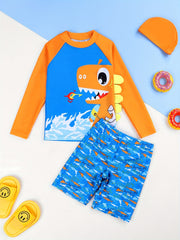 Boys Cartoon Shark Long Sleeve T shirt & Shorts Set Swimsuit