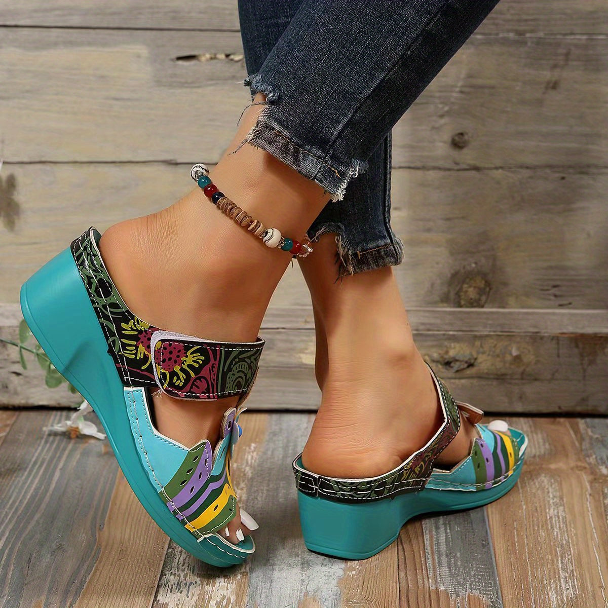 Women's Flower Decor Wedge Sandals Comfortable Open Toe Strap Shoes