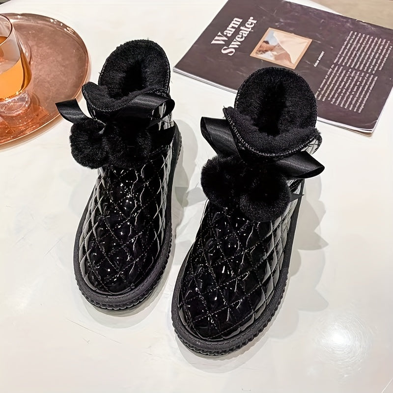 Women's Quilted Winter Snow Boots with Pom Poms