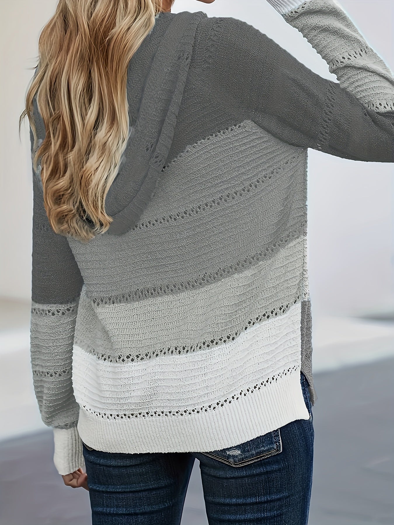 Zip Up Knit Cardigan Hollow Hooded Sweater