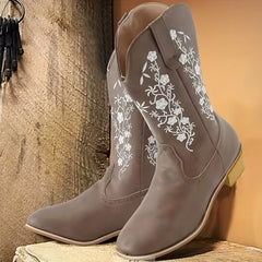 Women's Embroidered Boots Slip On Chunky Heel Shoes