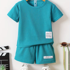 2pcs Toddler Boys Slogan Patched Waffle Knit Tee & Shorts Set
