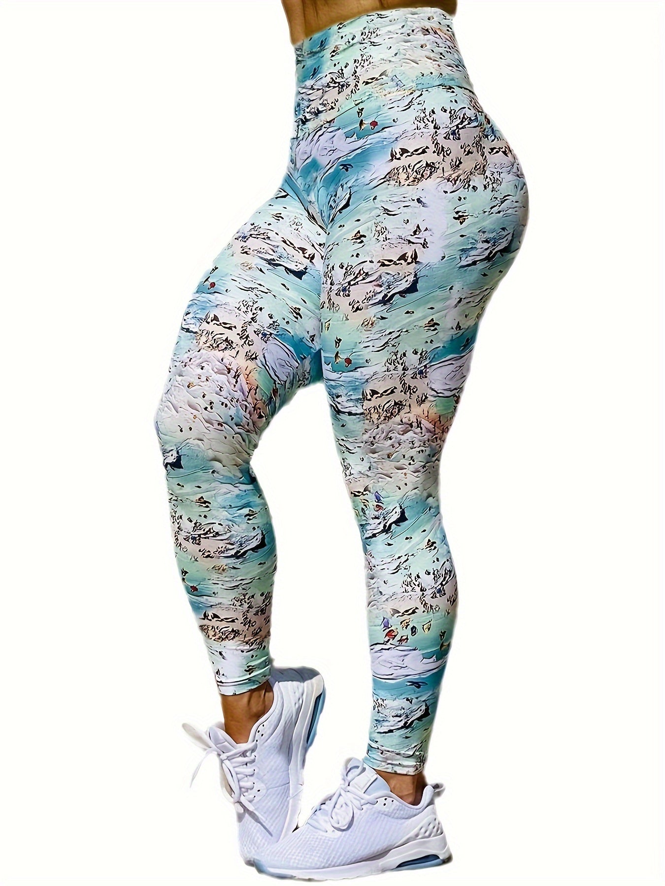 Sea Beach Print High Waist Tummy Control Fitness Pants
