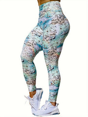 Sea Beach Print High Waist Tummy Control Fitness Pants