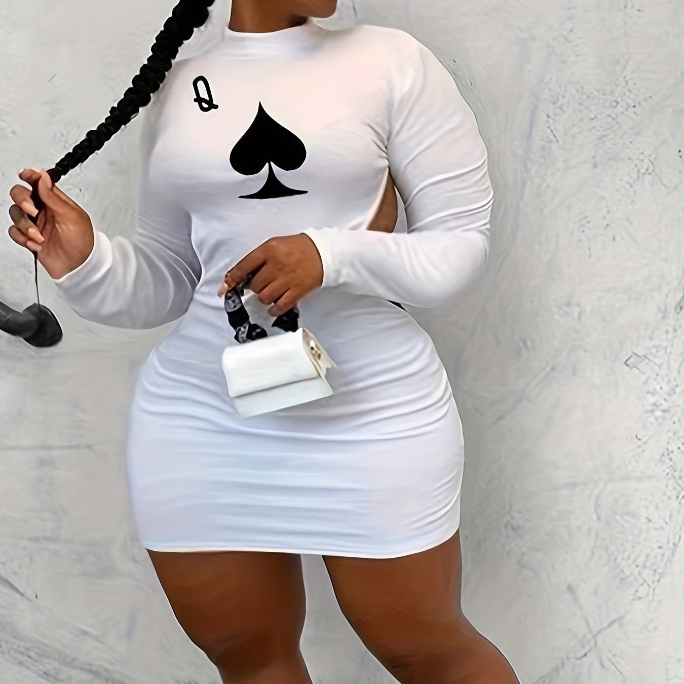 Women's Plus Poker Spade Q Print Long Sleeve Mock Neck Backless Mini Dress