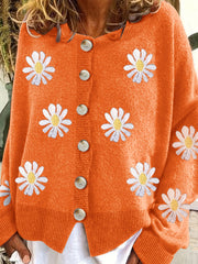 Floral Embroidery Cardigan Women's Round Neck Sweater