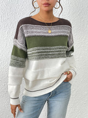 Striped Knit Sweater Crew Neck Long Sleeve Casual Women's Clothing
