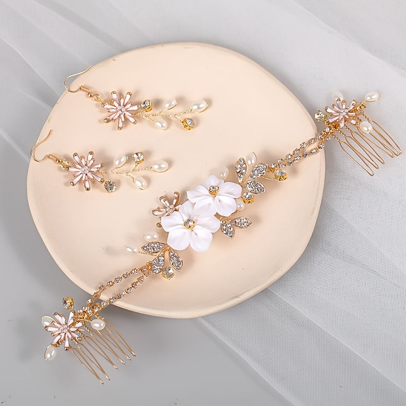 Golden Rhinestone Faux Pearl Bridal Jewelry Set Hanfu Wedding Accessories