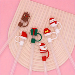 6pcs Christmas Straw Cap Reusable Silicone Straw Cover Cartoon Party Cup Decor