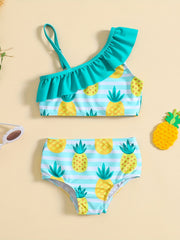 Girls One Shoulder Ruffled Top & Pineapple Graphic Shorts Swimsuit Set