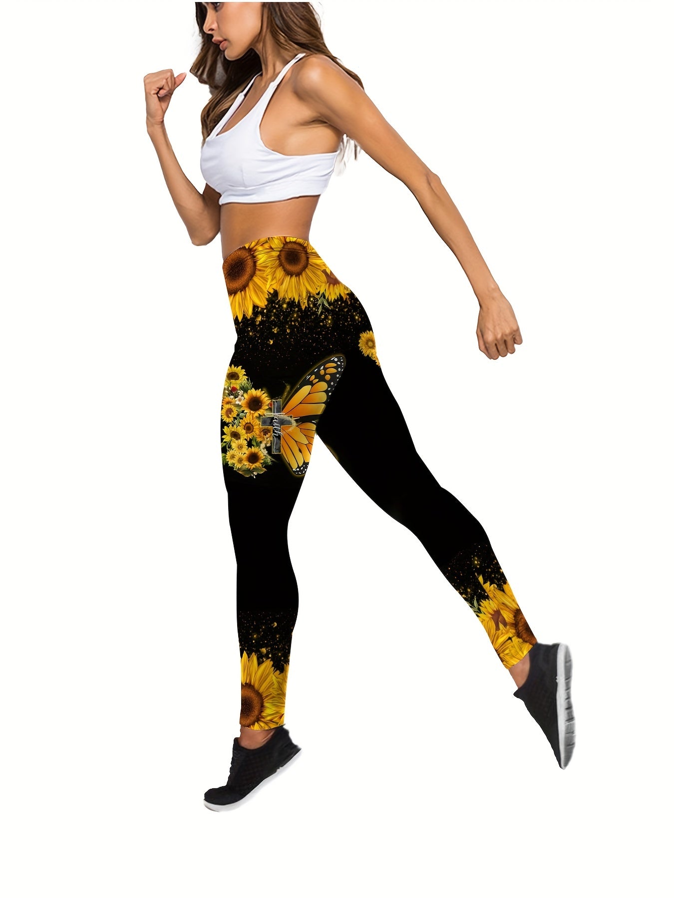 Sunflower & Butterfly Print Tank Top & Leggings Yoga Outfit Set