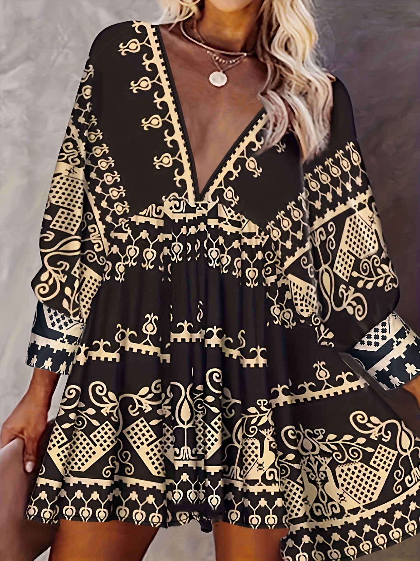 Boho Dress Women's Plus Tribal Print Long Sleeve Deep V Neck Mini