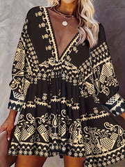 Boho Dress Women's Plus Tribal Print Long Sleeve Deep V Neck Mini