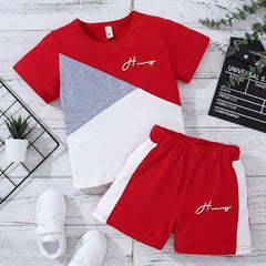 2pcs Boys Teen Casual Block T Shirt & Shorts Set For Summer