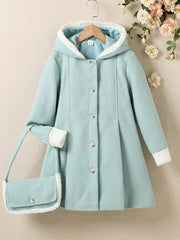 Girls Fleece Button Down Hooded Overcoat Jacket