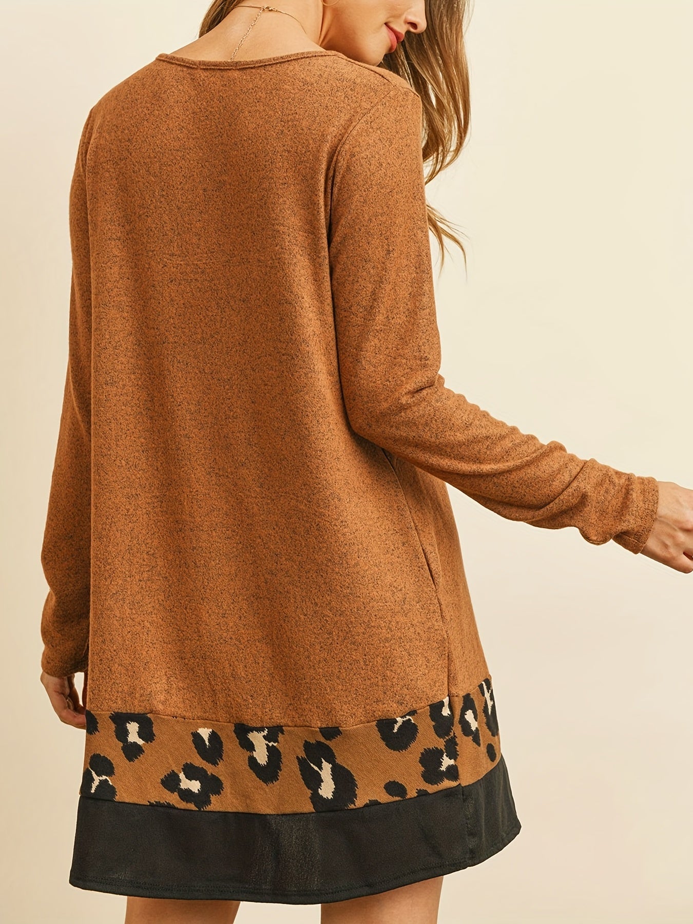 Leopard Print Splicing Dress Long Sleeve Mini Dress Women's Clothing