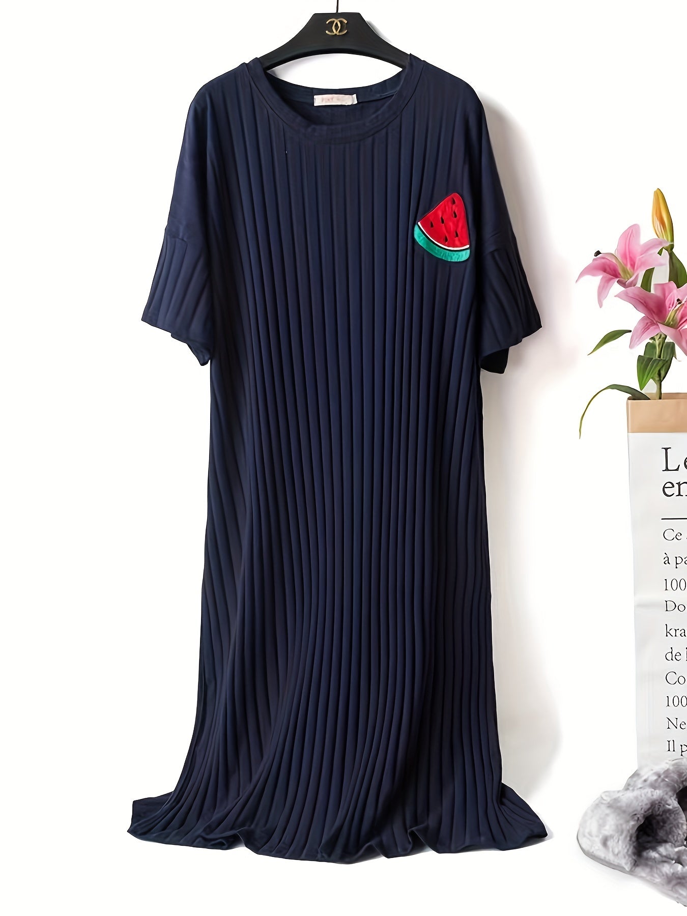 Watermelon Print Lounge Dress Soft & Comfy Short Sleeve Home Dress Women's Loung
