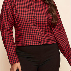Plus Plaid & Skull Print Lace Button Up Long Sleeve Shirt Top
