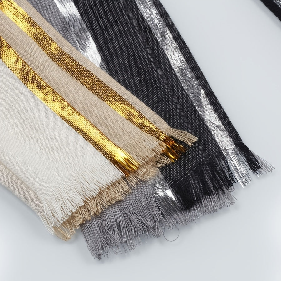 Rayon Casual Scarf Solid Golden & Silver Stripe Tassel Headwrap