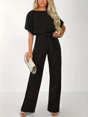 Casual Short Sleeve Wide Leg Jumpsuit with Tie Waist