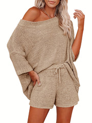 Slanted Shoulder Loose Tops & Drawstring Wide Leg Shorts Set