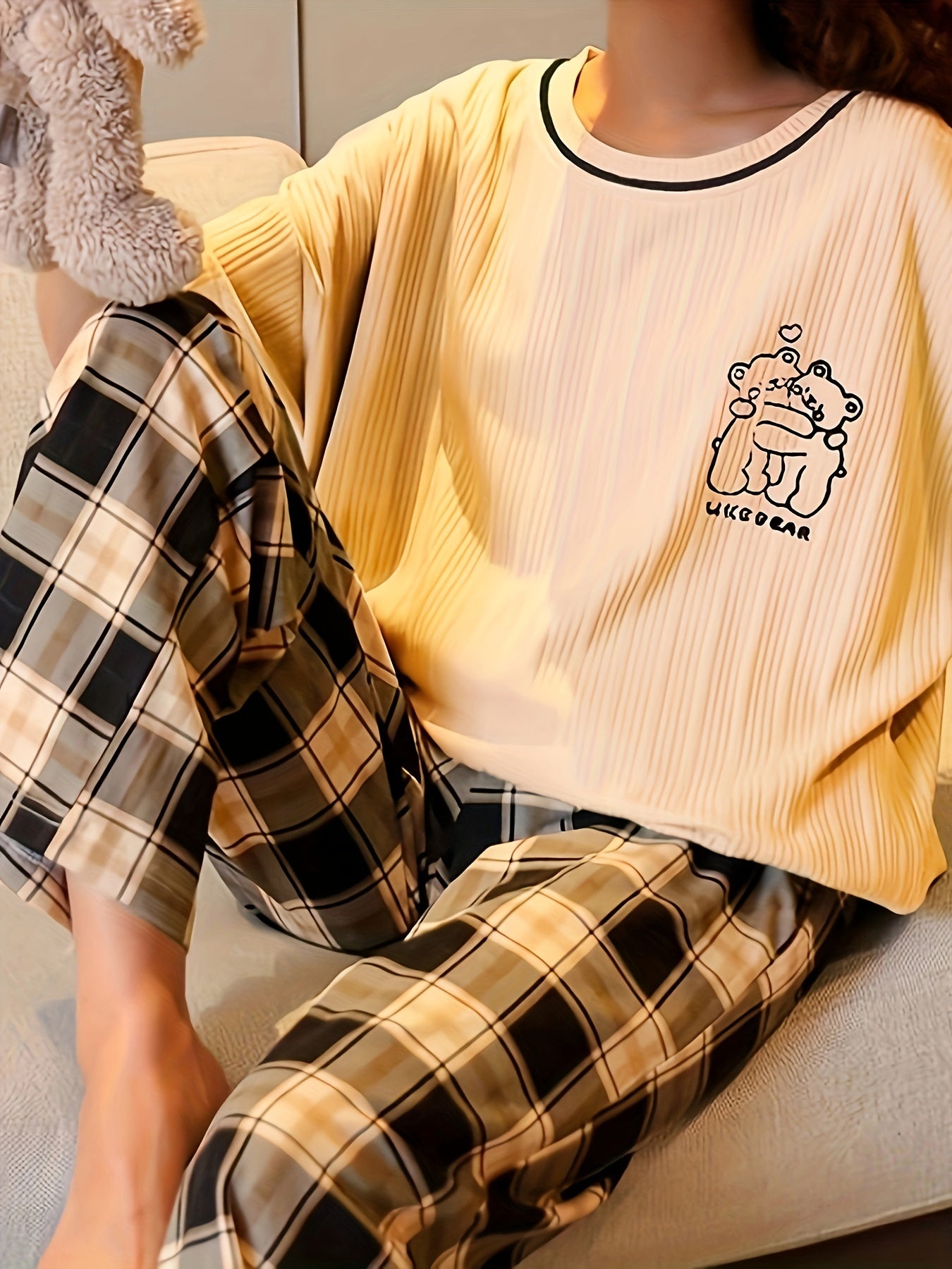 Bear Print Pajama Set Short Sleeve Top & Plaid Pants