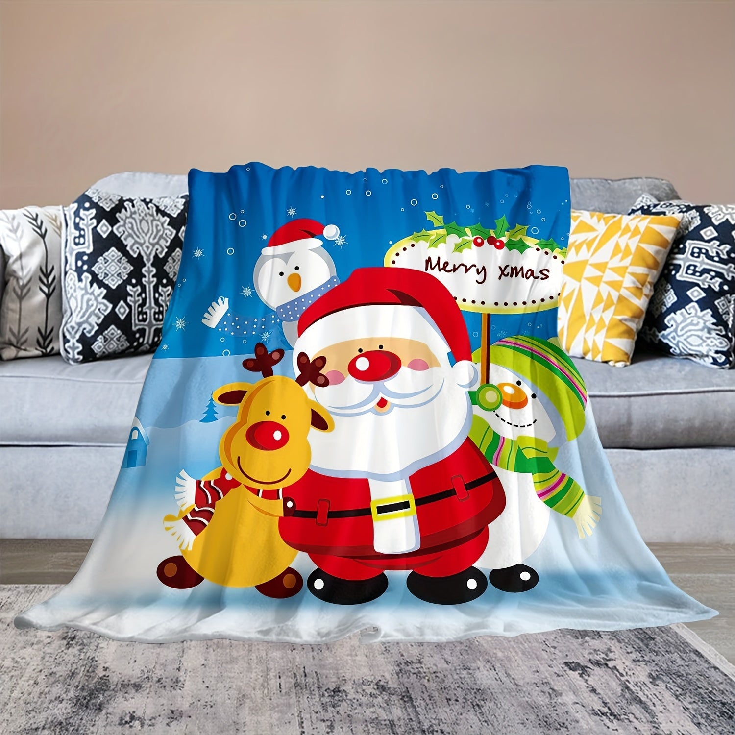 Cartoon Christmas Santa Claus Snowman Blanket Flannel Warm Blanket