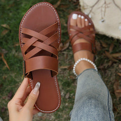 Women's Cross Strap Flat Slides Lightweight Faux Leather Shoes