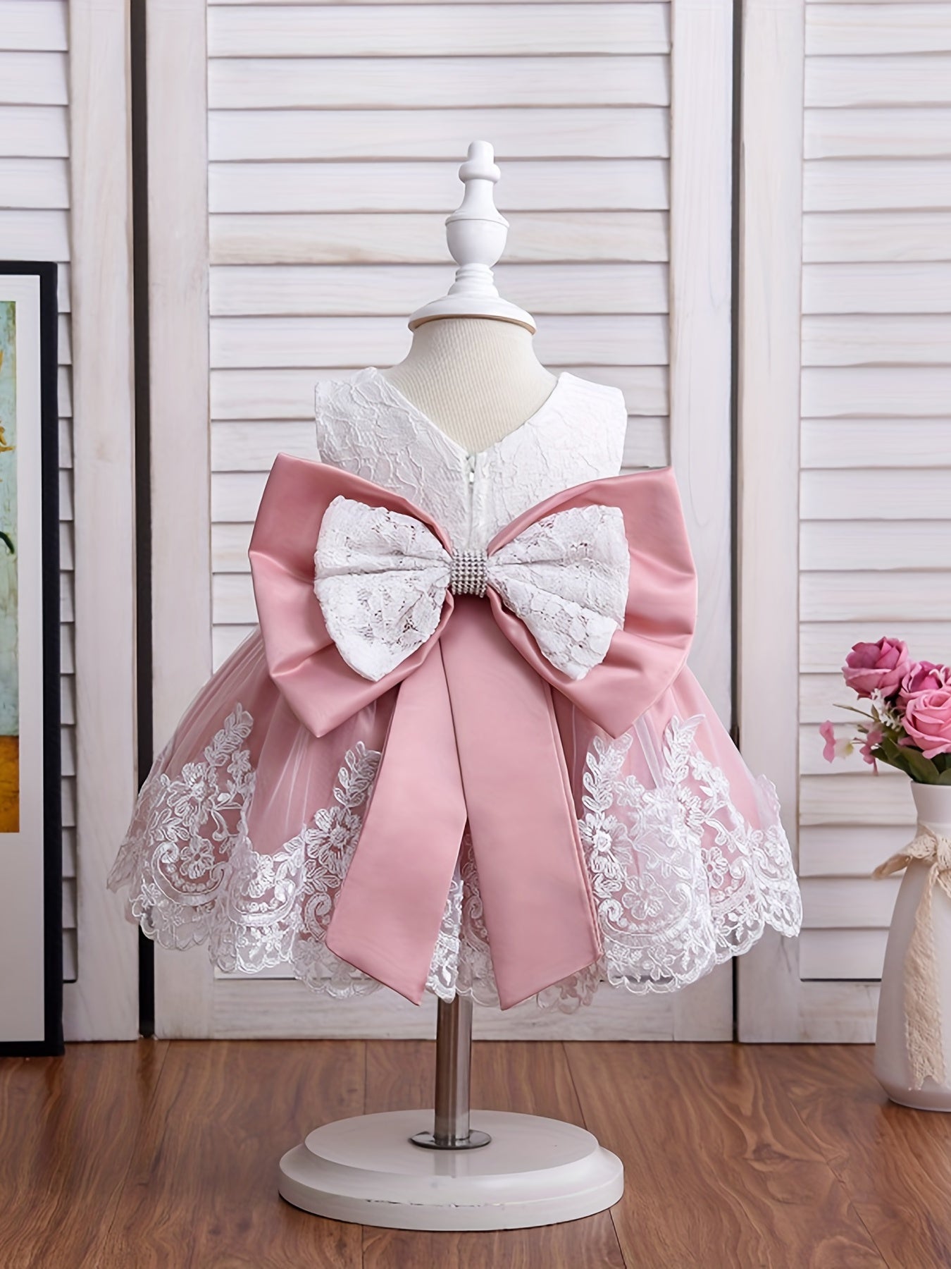 Baby Girls Lace Mesh Bowknot Sleeveless Princess Dress