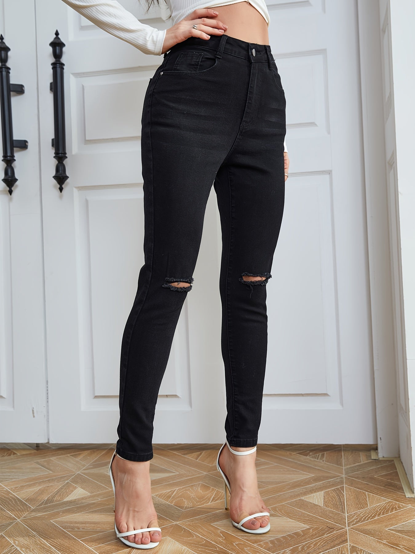 High Waist Ripped Skinny Jeans Slim Fit Denim Pants