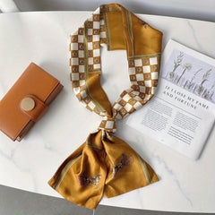 Vintage Horse Print Skinny Scarf Plaid Pattern Long Ribbon Neckerchief