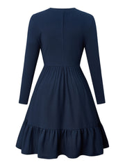 Solid Ribbed Long Sleeve Dress with Ruffle Trim