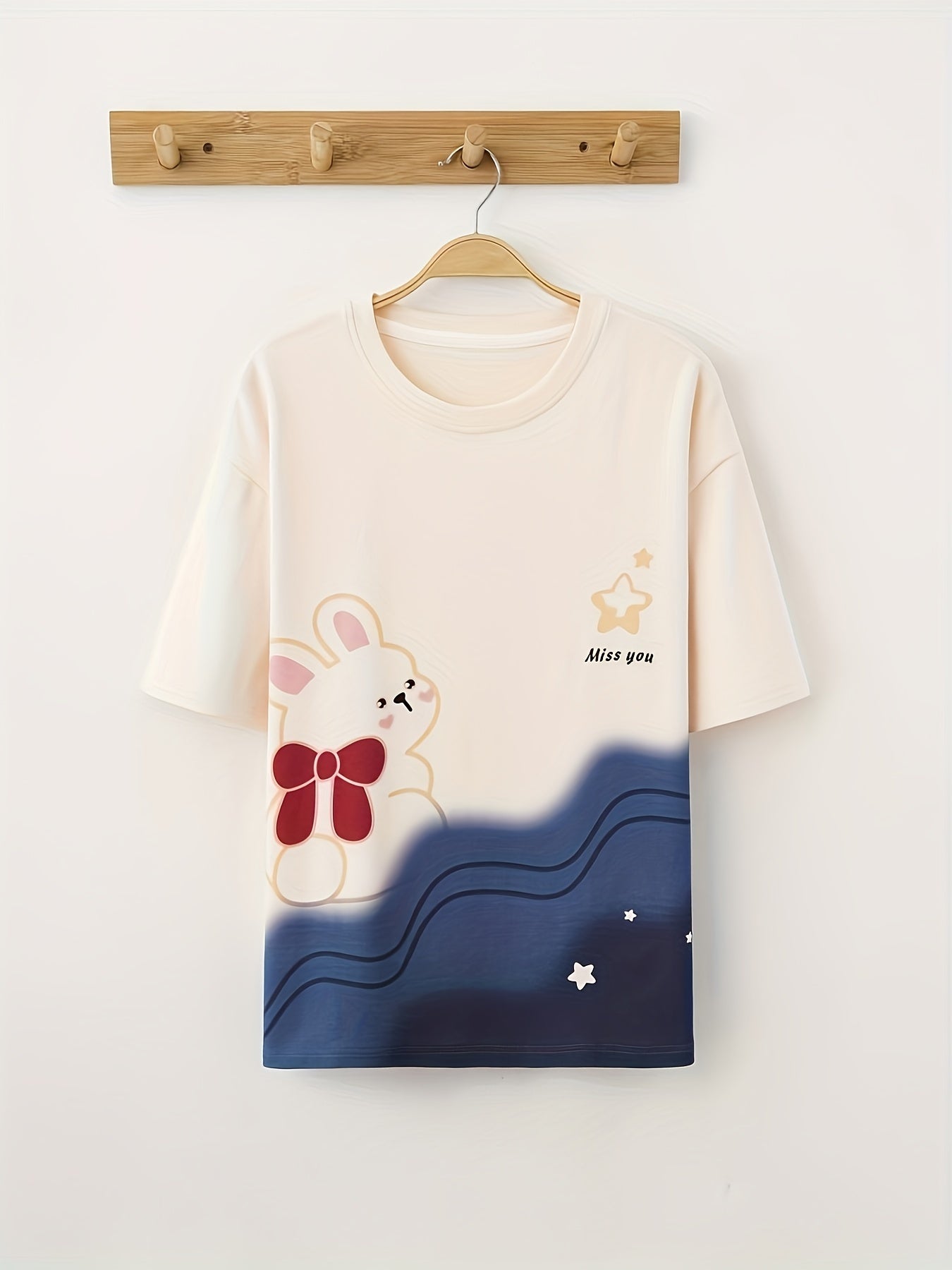 Bunny Print Pajamas Set Short Sleeve Top & Shorts Women's Sleepwear