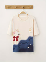 Bunny Print Pajamas Set Short Sleeve Top & Shorts Women's Sleepwear