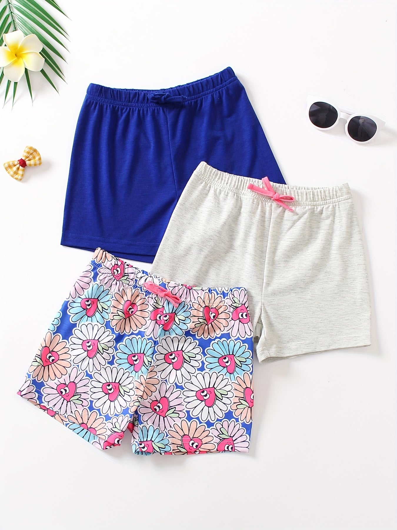 3pcs Girls' Bows Waist Casual Shorts Set For Sports Leisure