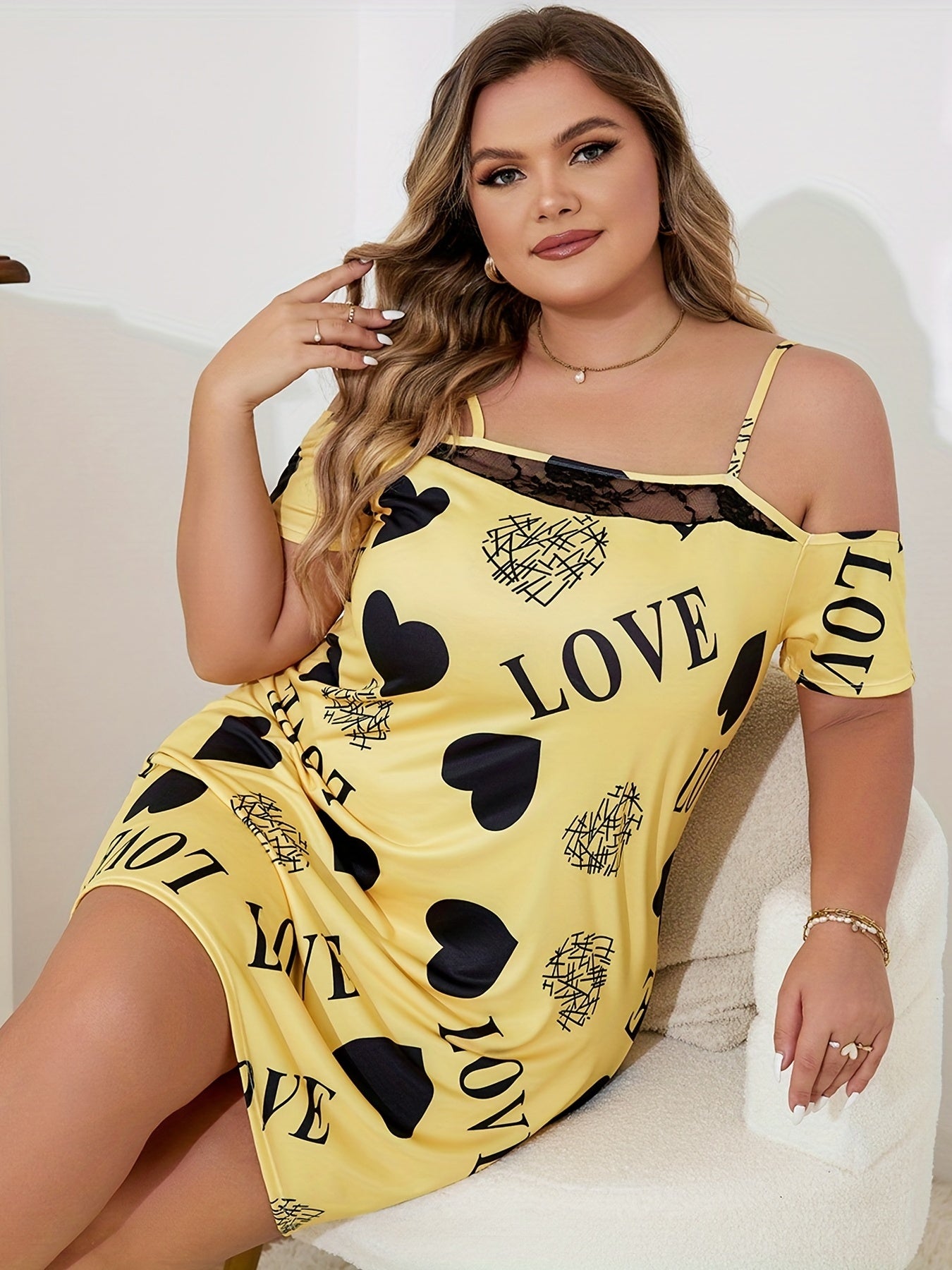 Plus Satin Heart & Letter Print Cold Shoulder Cami Sleep Dress