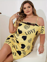 Plus Satin Heart & Letter Print Cold Shoulder Cami Sleep Dress
