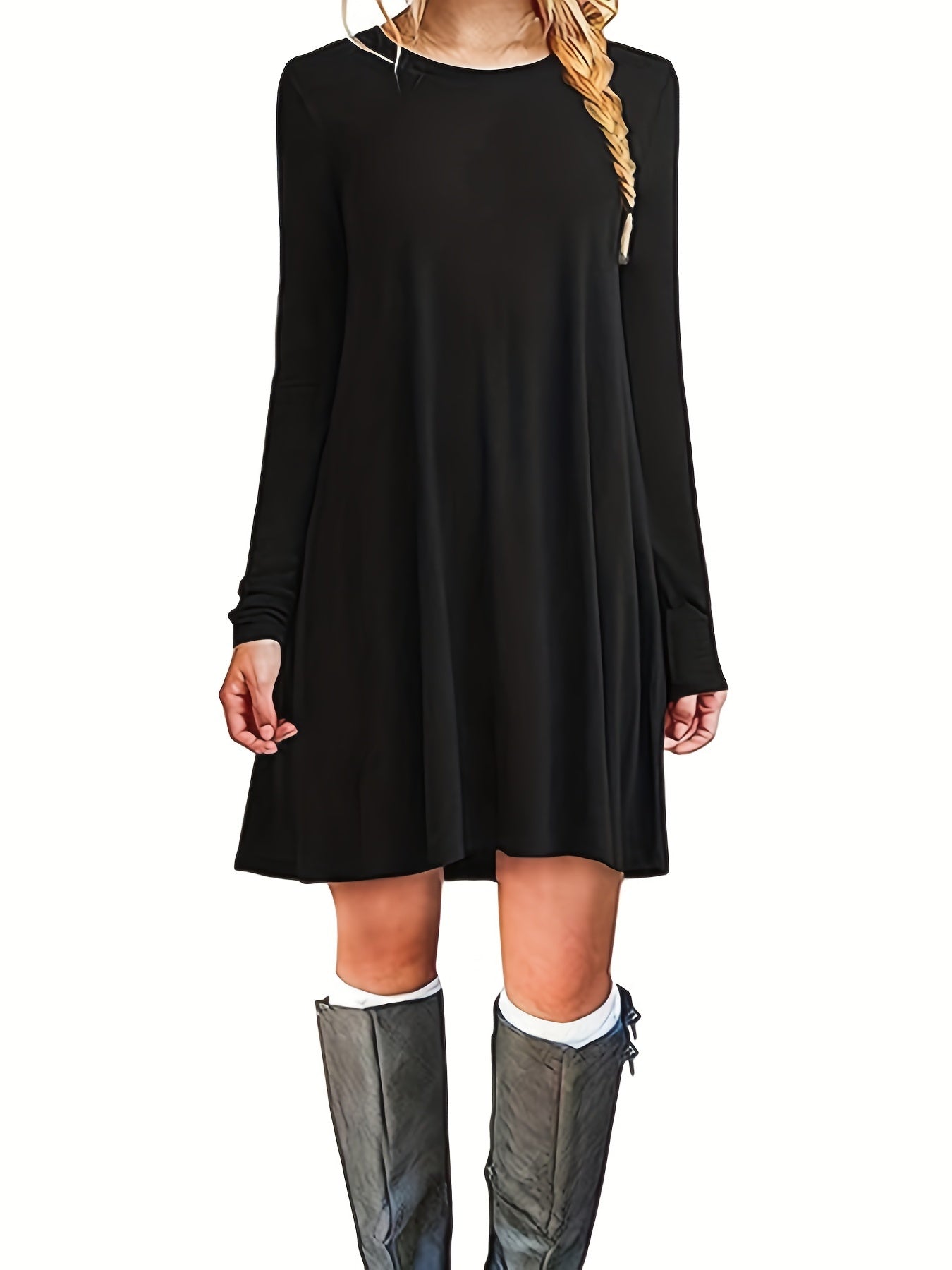 Solid Dress Casual Crew Neck Long Sleeve Versatile Dress
