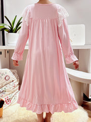 Girls Nightdress Puff Sleeve Ruffle Pajamas Lace Loungewear