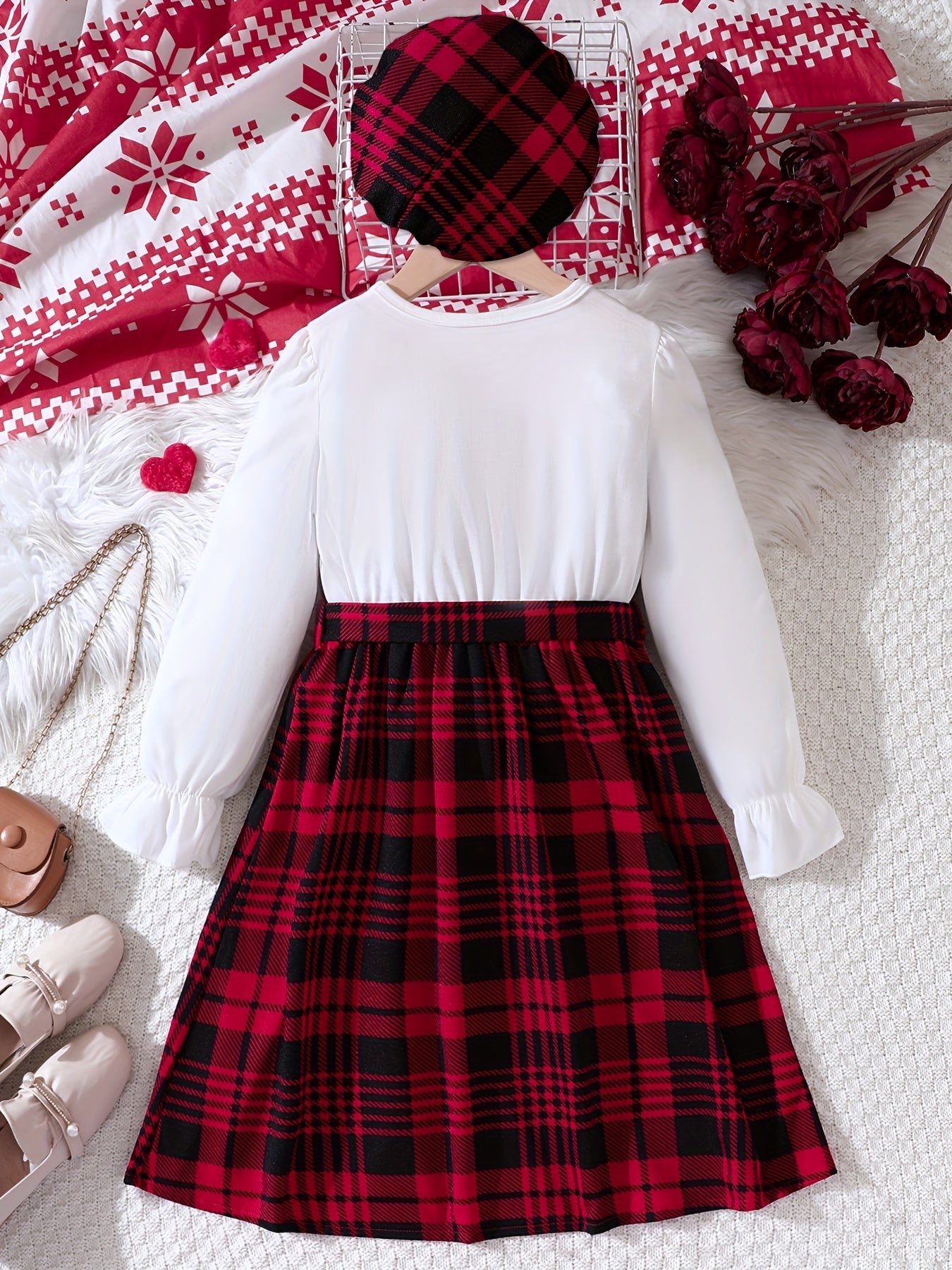 Girls 2pcs Plaid Dress Hat Set Autumn Winter