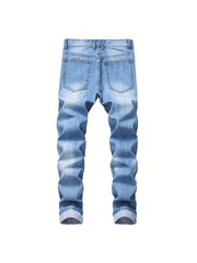 Mens Ripped Straight Denim Jeans With Pockets