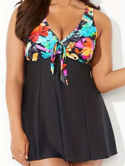 Colorblock Tropical Print Knot V-Neck Tankini Set