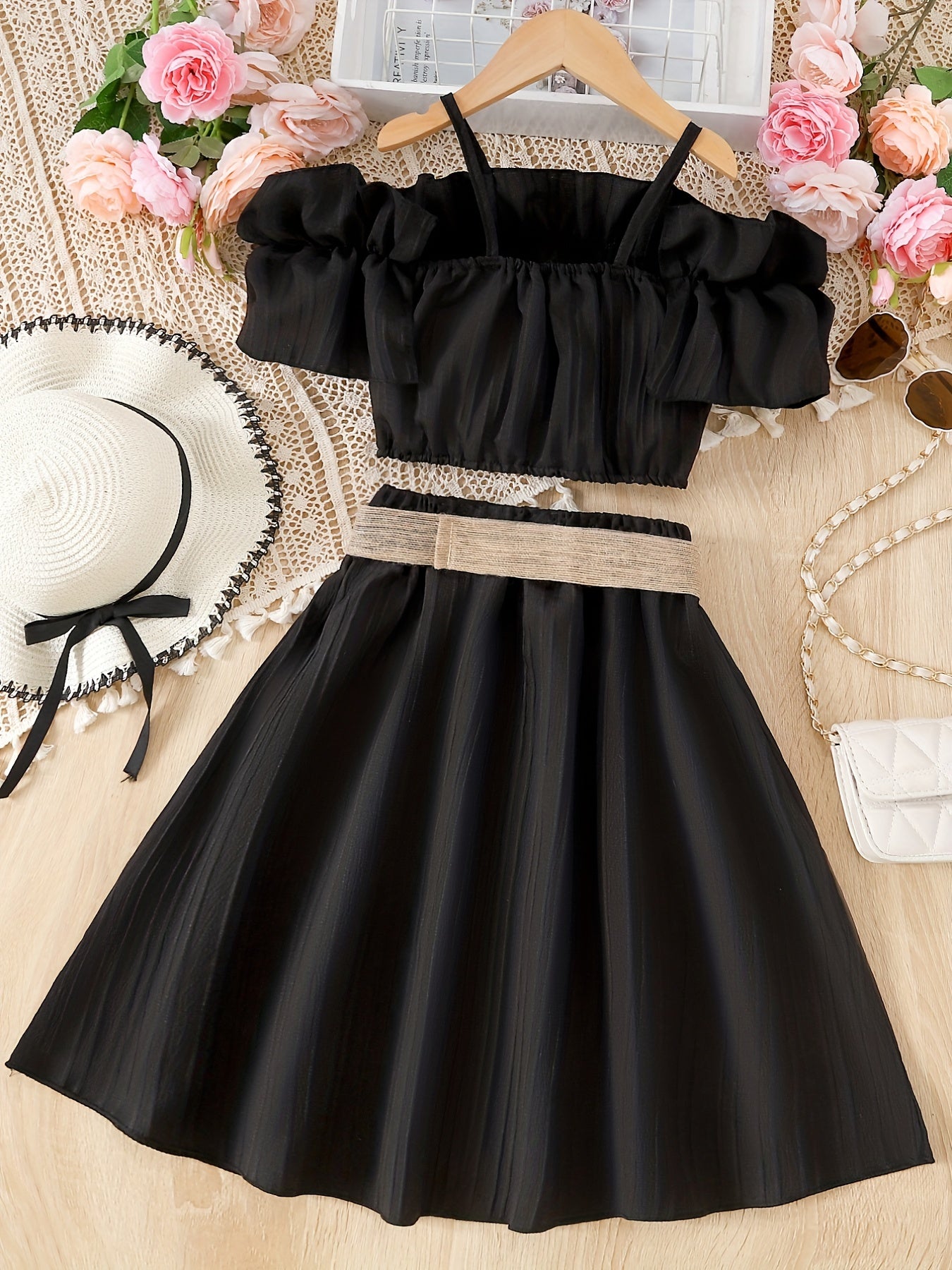 Girl's Off Shoulder Ruffle Camisole & Flared Skirt Set - Summer Outfits