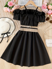 Girl's Off Shoulder Ruffle Camisole & Flared Skirt Set - Summer Outfits