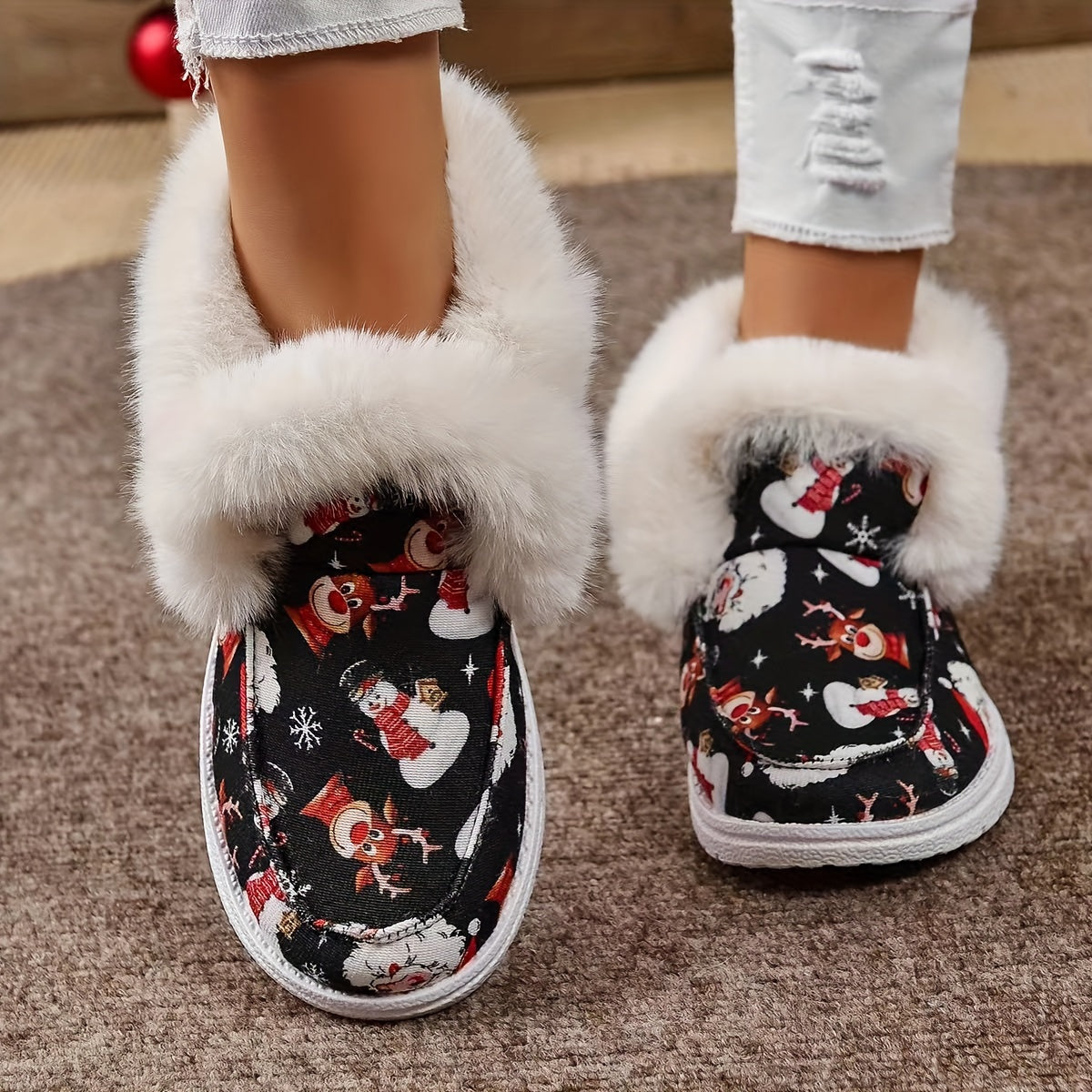 Women's Christmas Style Snow Boots - Snowman Reindeer Pattern
