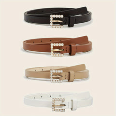 4pcs Girls PU Leather Belt w/ Faux Pearl Buckle for Jeans