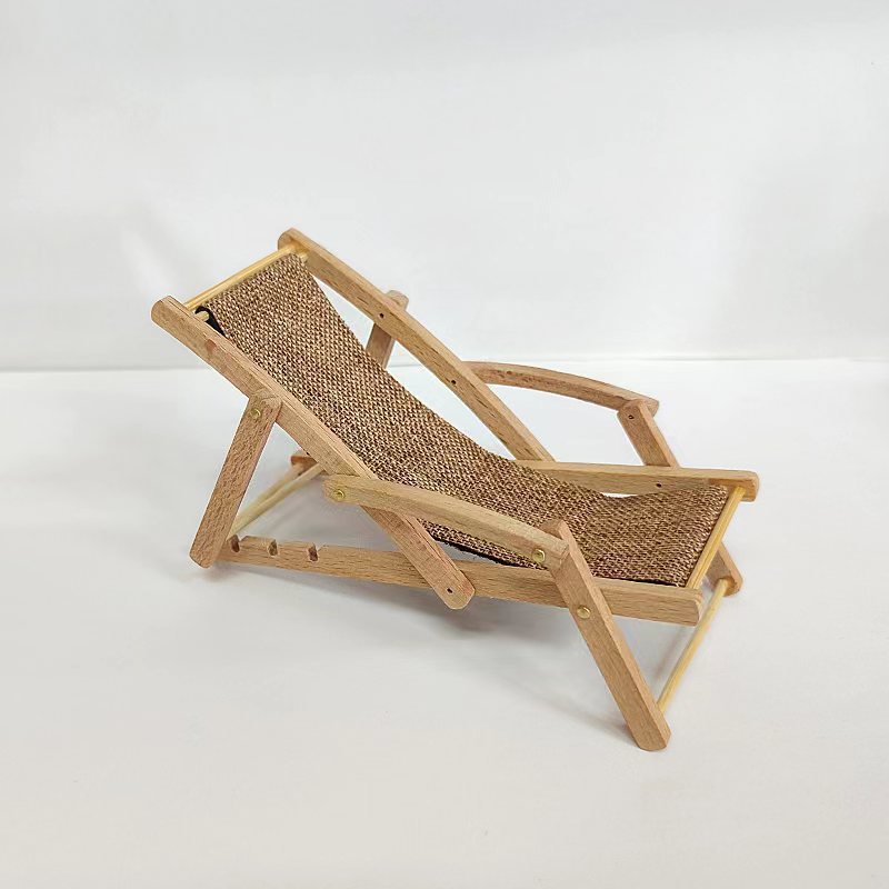 Dollhouse Beach Chair Wooden Lounge with Plush Gray Fabric Seat