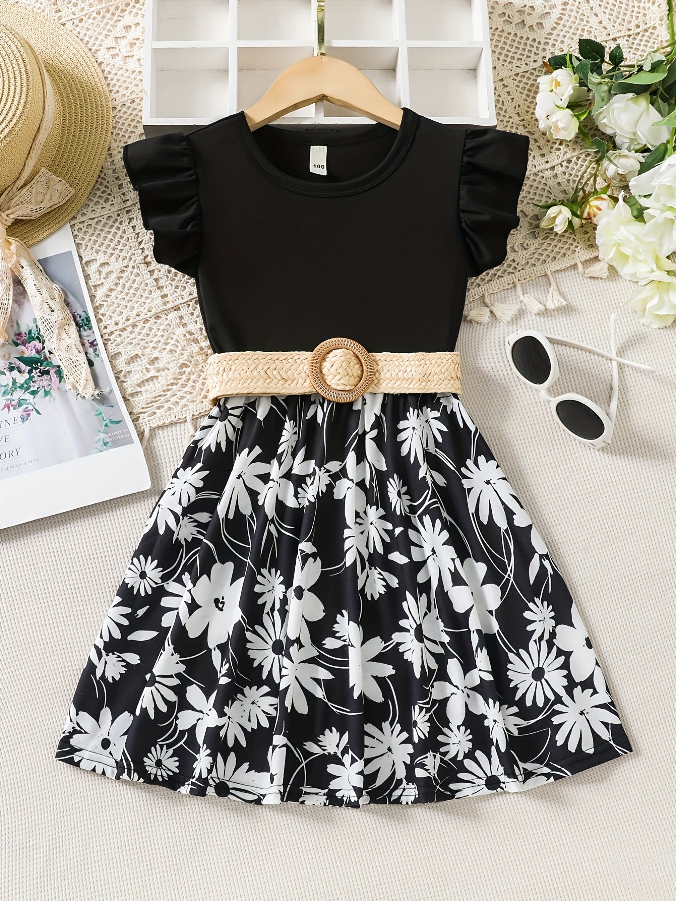 Toddler Girls Butterfly Sleeves Flowers Graphic Belted Princess Dress